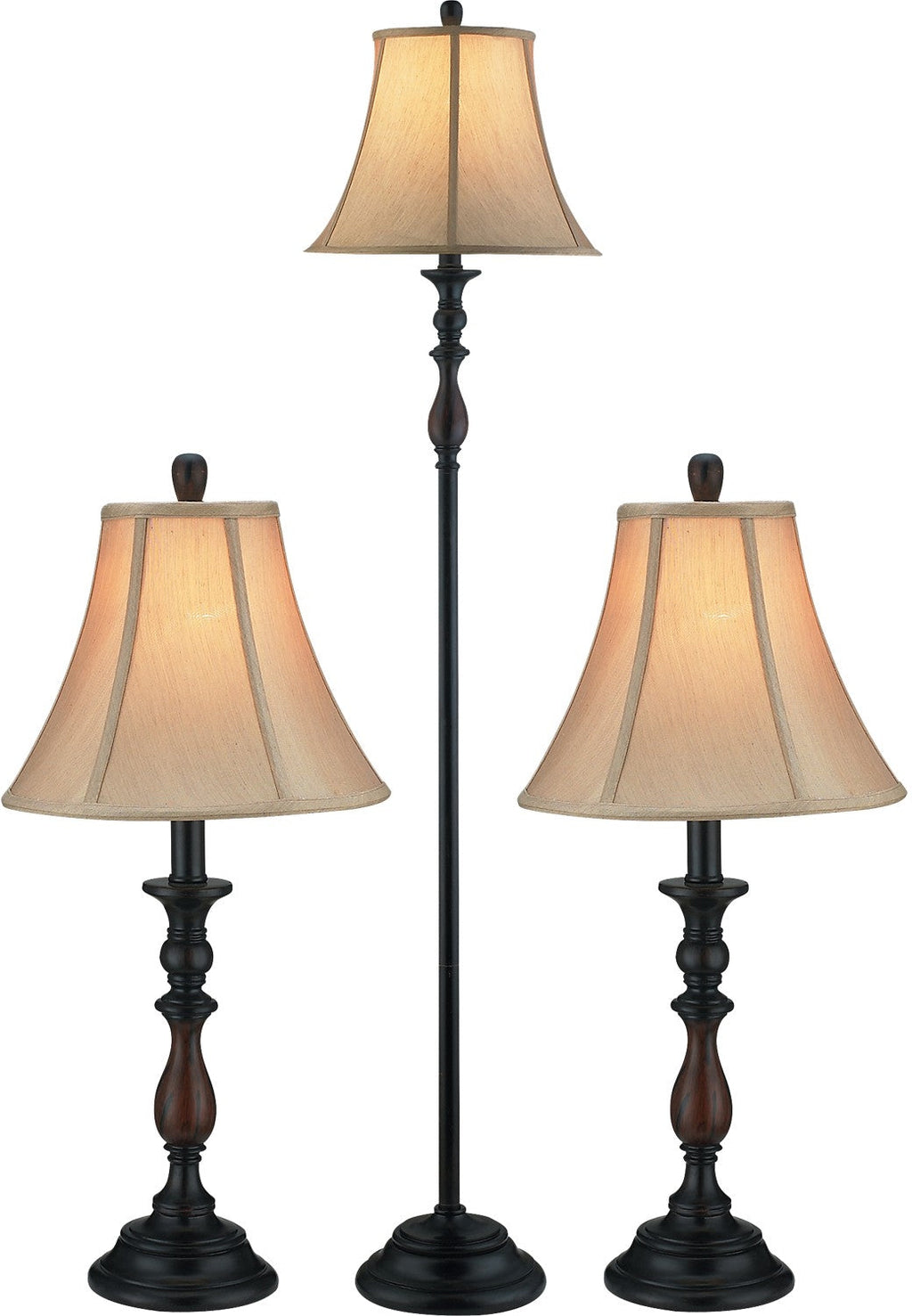Traditional Antiqued-Bronze 3-Piece Set, Floor and Two Tables Lamps|Ensemble 3 lampes traditionnelles bronze antique, 2 lampes de table et 1 lampe à pied