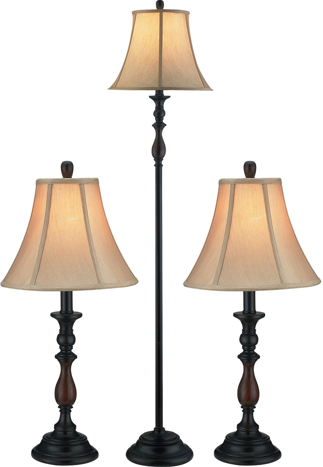 Traditional Antiqued-Bronze 3-Piece Set, Floor and Two Tables Lamps|Ensemble 3 lampes traditionnelles bronze antique, 2 lampes de table et 1 lampe à pied