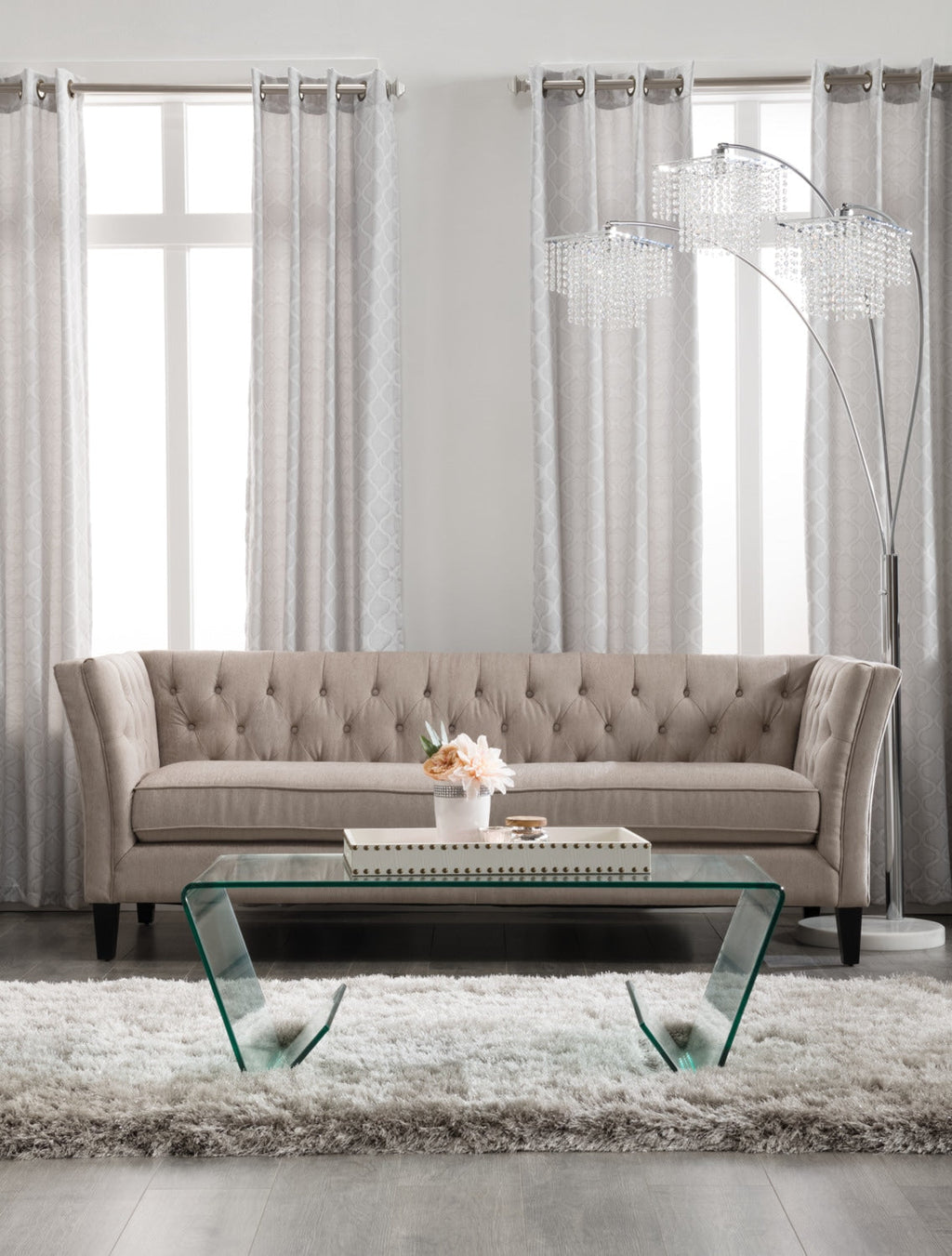 79" Glam Silver with Marble Base and 3-Light Glass Crystal Shade Arc Floor Lamp|Lampe à pied arquée et somptueuse de 79 po argentée à 3 ampoules avec base en marbre et abat-jour en cristaux de verre