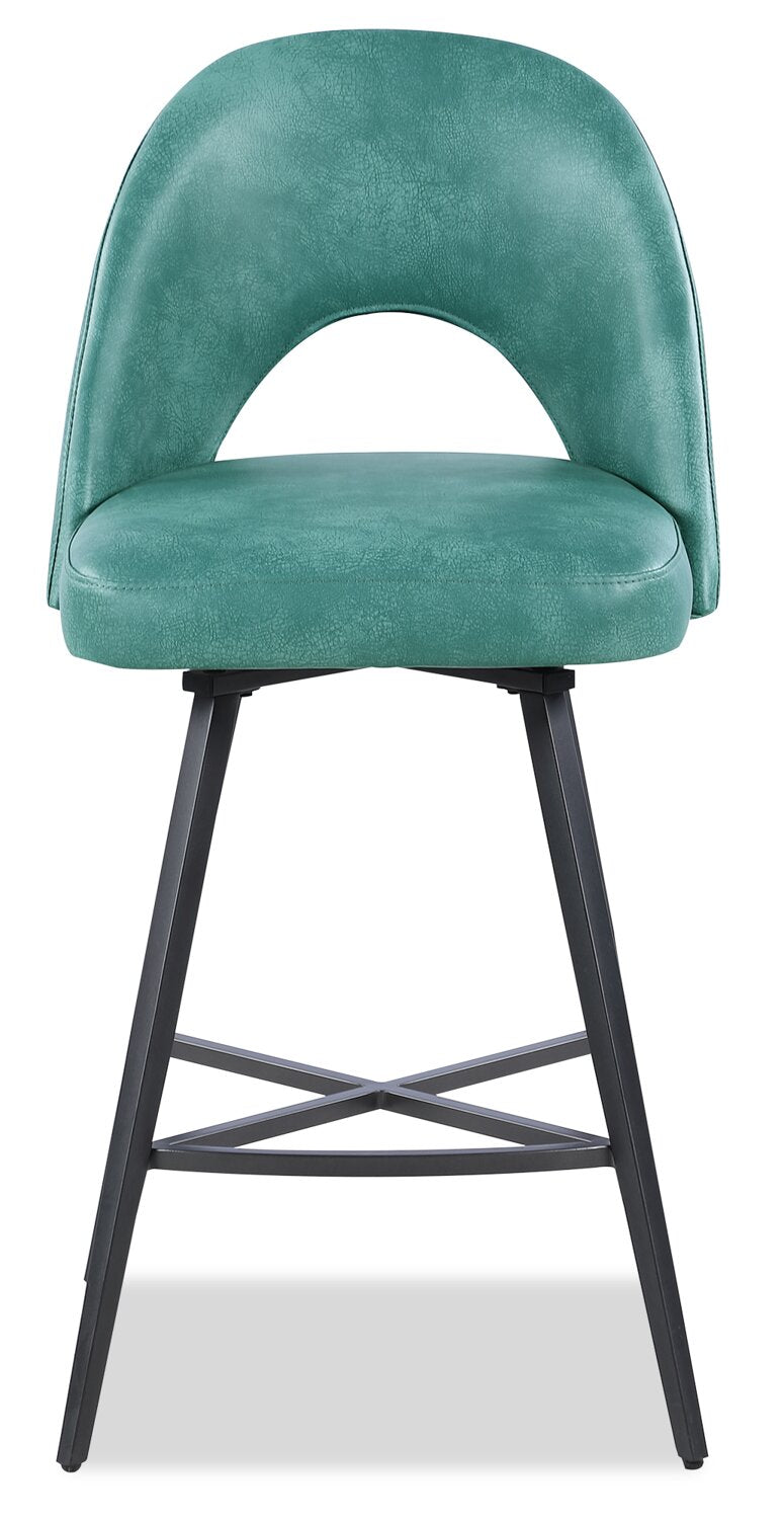 Kort & Co. Bay Counter-Height Stool with Swivel Seat, Vegan Leather Fabric, Metal - Aqua | Tabouret Bay de Kort & Co. de hauteur comptoir en tissu de cuir végétalien et en métal avec siège pivotant - turquoise