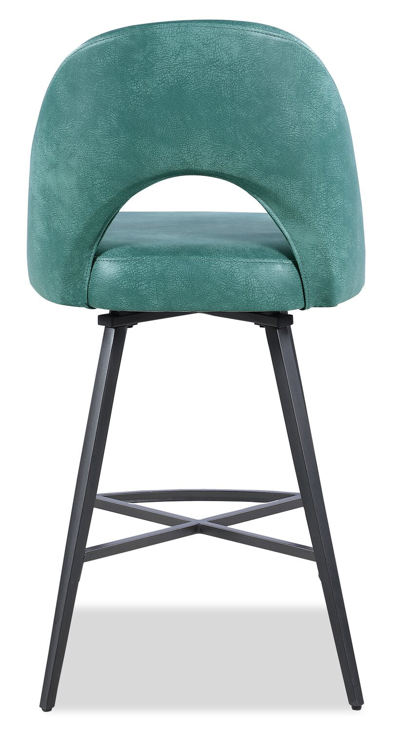 Kort & Co. Bay Counter-Height Stool with Swivel Seat, Vegan Leather Fabric, Metal - Aqua | Tabouret Bay de Kort & Co. de hauteur comptoir en tissu de cuir végétalien et en métal avec siège pivotant - turquoise
