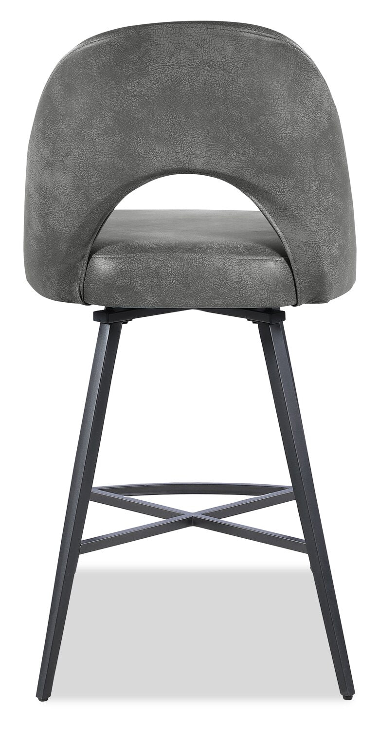 Kort & Co. Bay Counter-Height Stool with Swivel Seat, Vegan Leather Fabric, Metal - Grey | Tabouret Bay de Kort & Co. de hauteur comptoir en tissu de cuir végétalien et en métal avec siège pivotant - gris