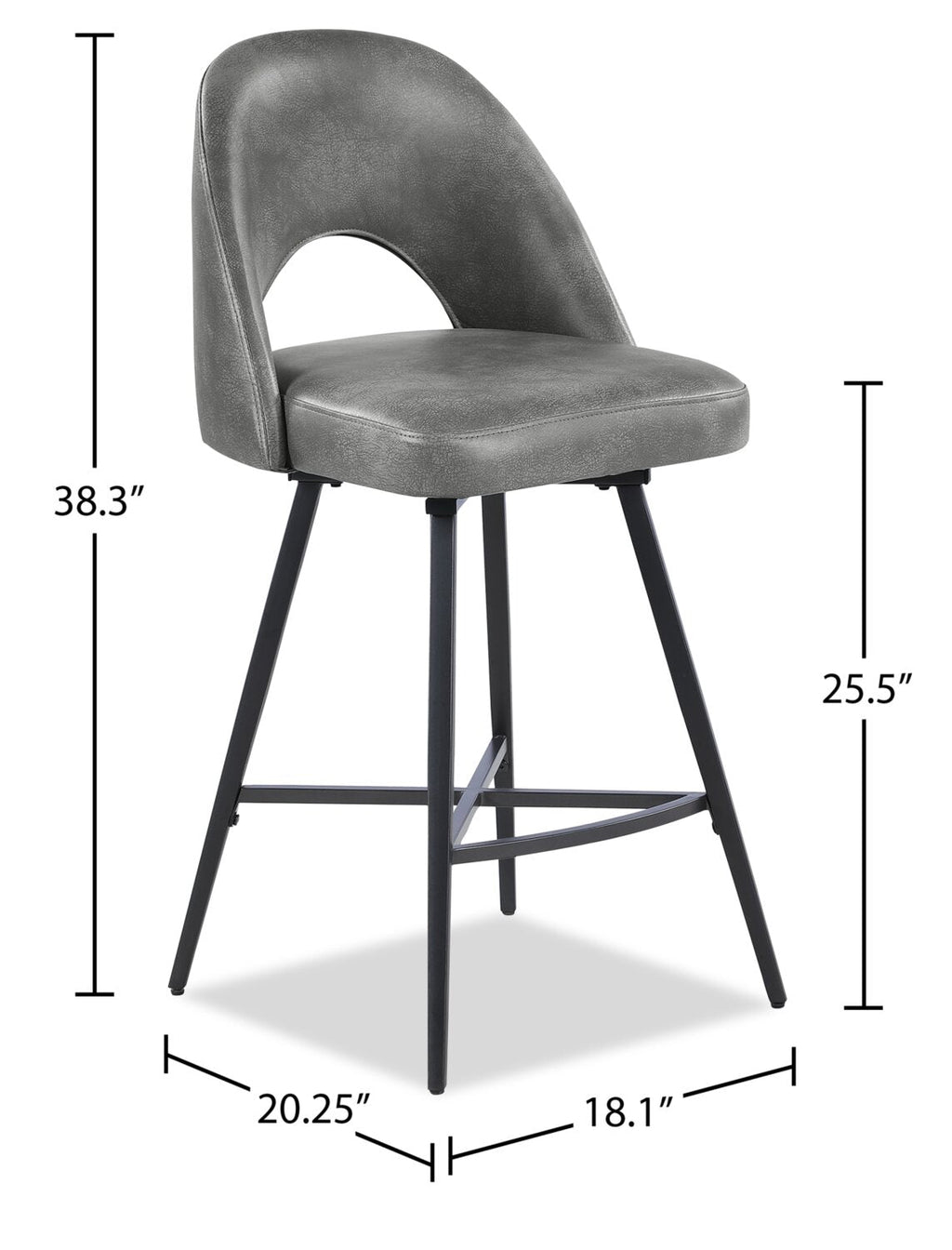 Kort & Co. Bay Counter-Height Stool with Swivel Seat, Vegan Leather Fabric, Metal - Grey | Tabouret Bay de Kort & Co. de hauteur comptoir en tissu de cuir végétalien et en métal avec siège pivotant - gris