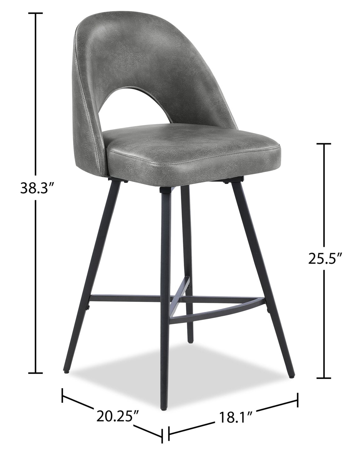 Kort & Co. Bay Counter-Height Stool with Swivel Seat, Vegan Leather Fabric, Metal - Grey | Tabouret Bay de Kort & Co. de hauteur comptoir en tissu de cuir végétalien et en métal avec siège pivotant - gris