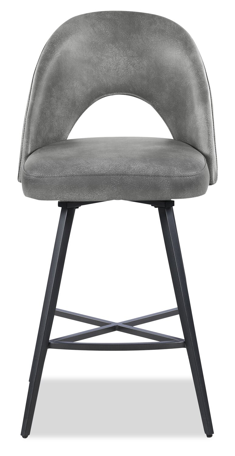 Kort & Co. Bay Counter-Height Stool with Swivel Seat, Vegan Leather Fabric, Metal - Grey | Tabouret Bay de Kort & Co. de hauteur comptoir en tissu de cuir végétalien et en métal avec siège pivotant - gris