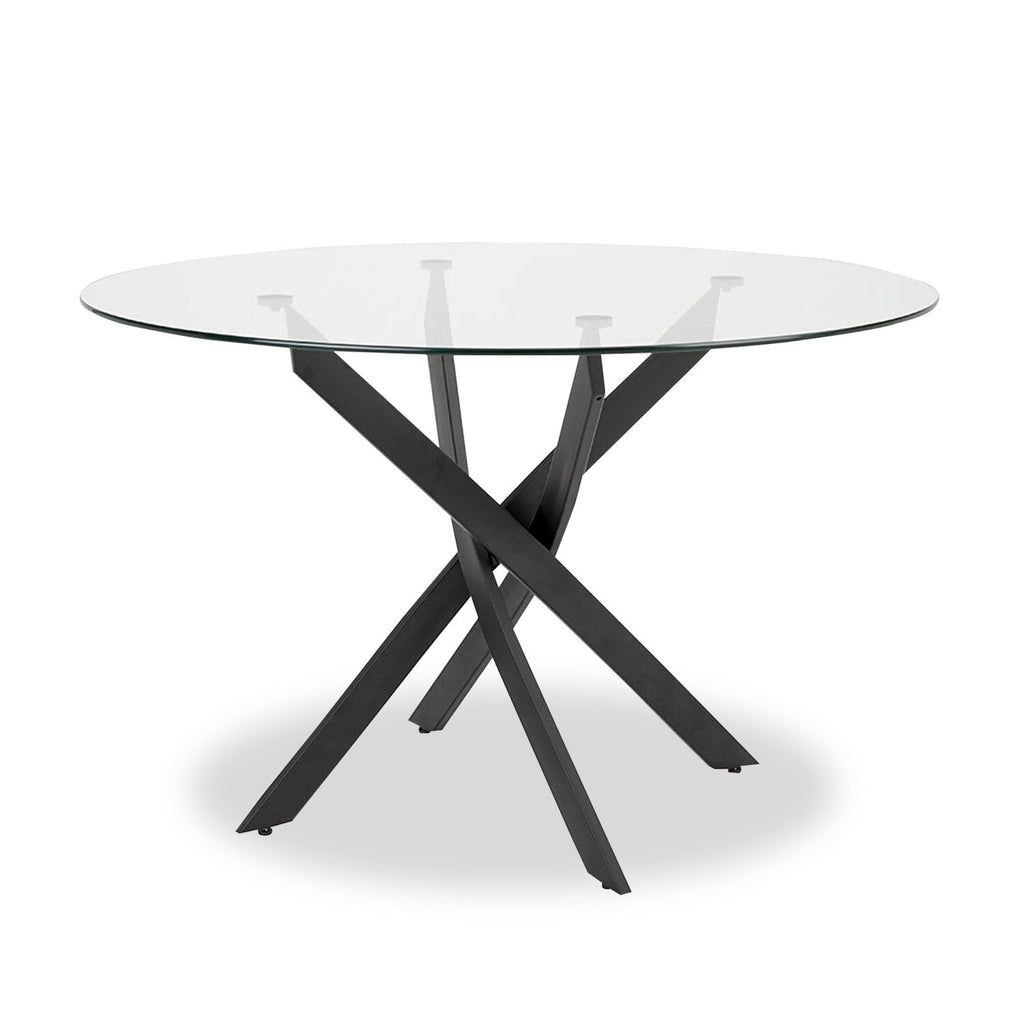 Zoe Dining Table with Glass Top, Metal Geometric Base, 47"W Round - Black | Table de salle à manger ronde Zoe de 47 po (L) avec dessus en verre et base géométrique en métal - noire