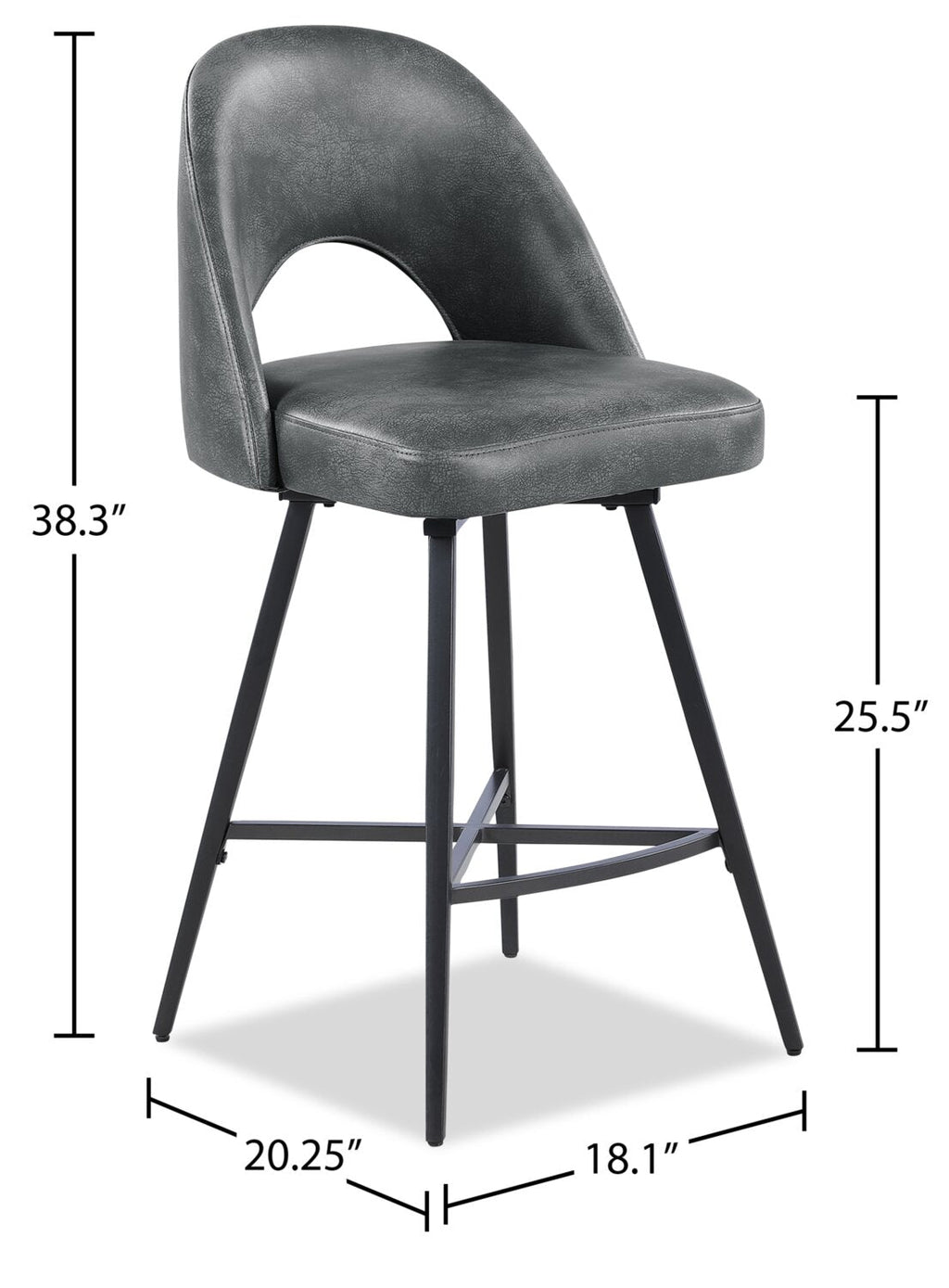 Kort & Co. Bay Counter-Height Stool with Swivel Seat, Vegan Leather Fabric, Metal - Charcoal | Tabouret Bay de Kort & Co. de hauteur comptoir en tissu de cuir végétalien et en métal avec siège pivotant - anthracite