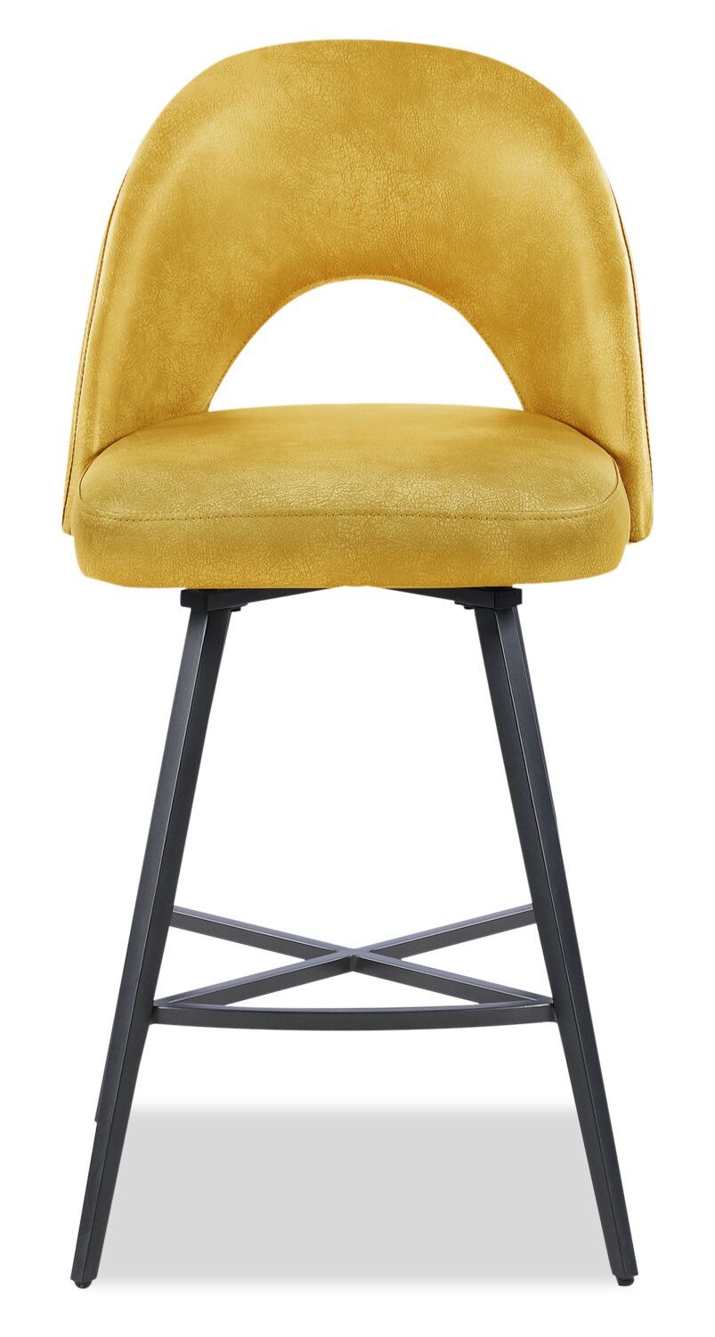 Kort & Co. Bay Counter-Height Stool with Swivel Seat, Vegan Leather Fabric, Metal - Mustard | Tabouret Bay de Kort & Co. de hauteur comptoir en tissu de cuir végétalien et en métal avec siège pivotant - moutarde