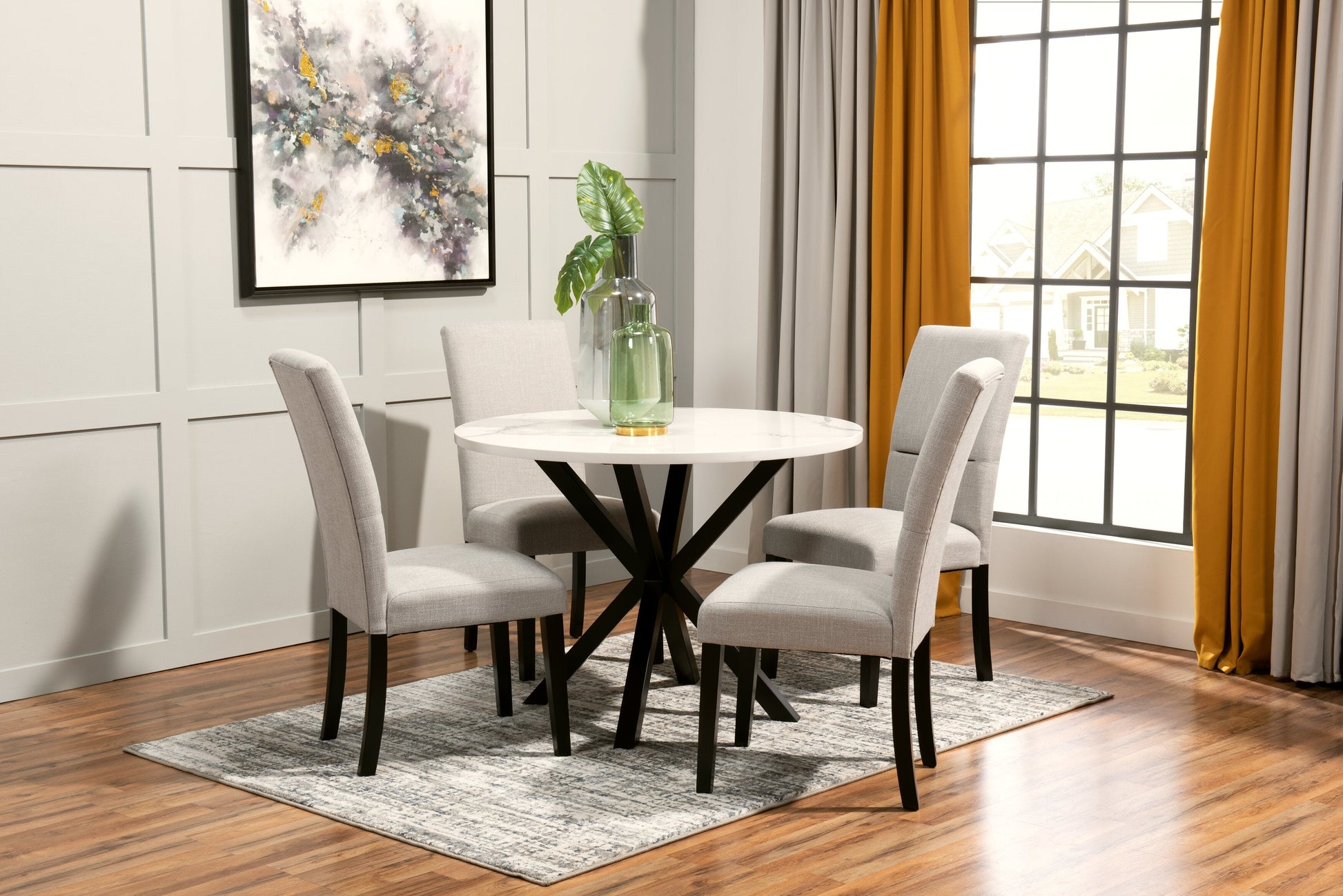 Verona Dining Table with Culture Marbled Top, Metal, Geometric Base, 42"W Round - White | Table de salle à manger ronde Verona de 42 po (L) en métal avec dessus en marbre synthétique et base géométrique - blanche