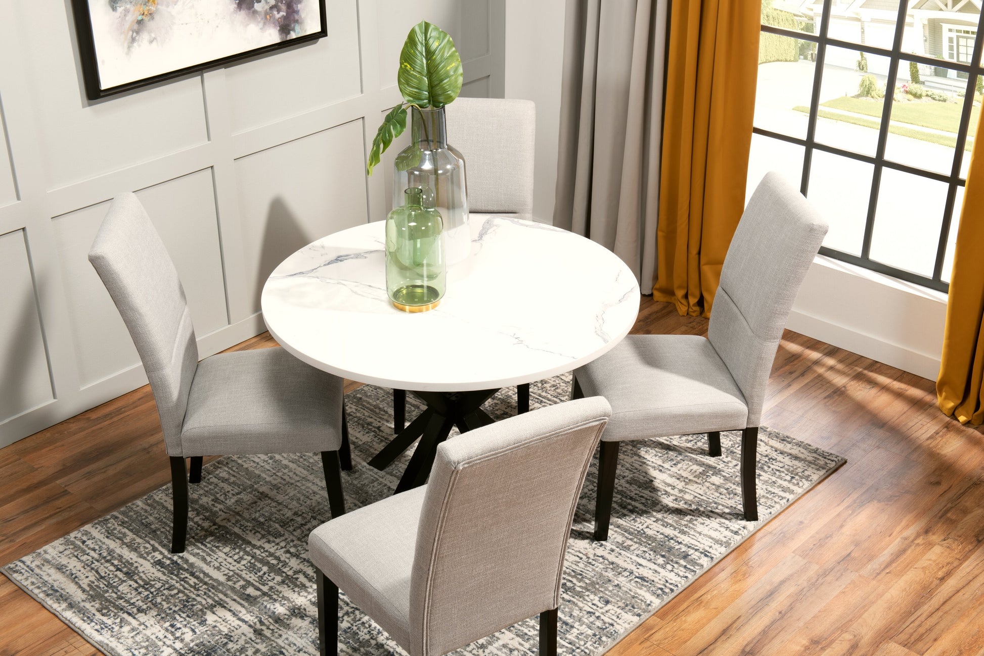 Verona Dining Table with Culture Marbled Top, Metal, Geometric Base, 42"W Round - White | Table de salle à manger ronde Verona de 42 po (L) en métal avec dessus en marbre synthétique et base géométrique - blanche