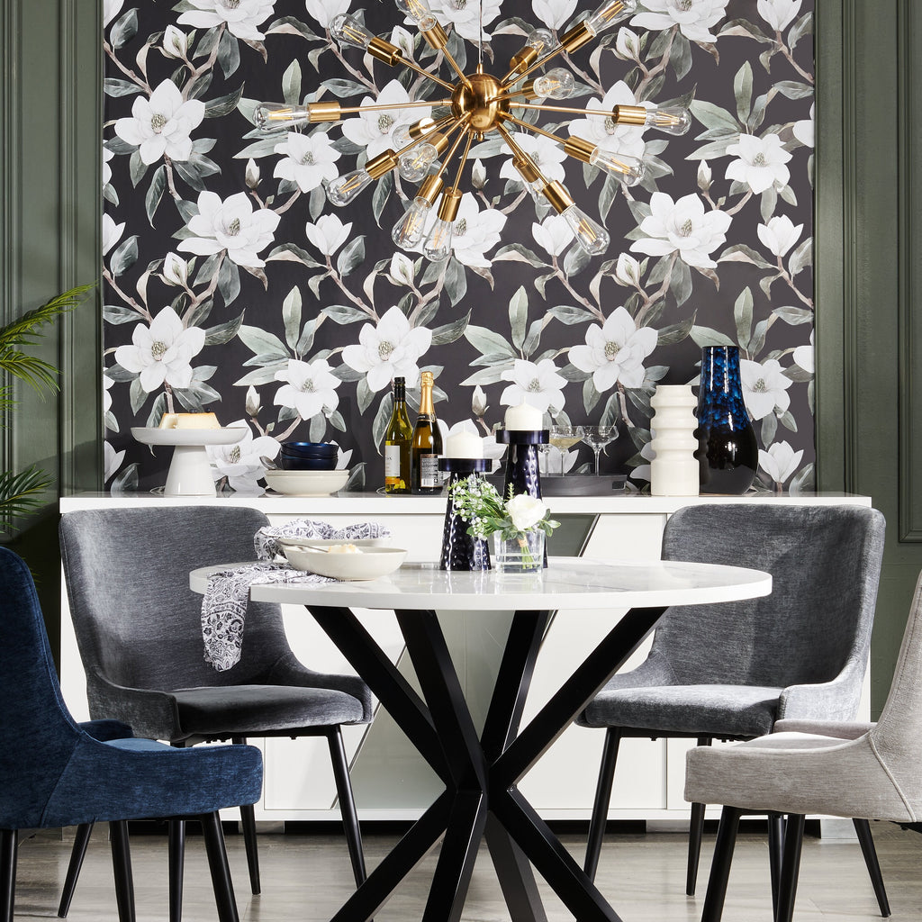 Verona Dining Table with Culture Marbled Top, Metal, Geometric Base, 42"W Round - White | Table de salle à manger ronde Verona de 42 po (L) en métal avec dessus en marbre synthétique et base géométrique - blanche