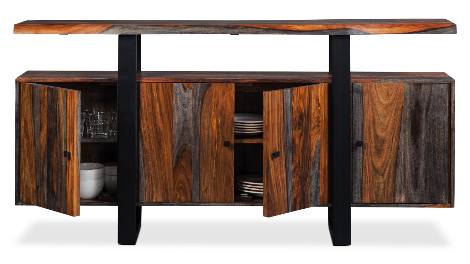 Bowery Dining Server with Storage & Shelf, Sheesham Wood, Metal, 69"W - Brown | Desserte de salle à manger Bowery de 69 po (L) en sheesham et en métal avec rangement et tablette - brune